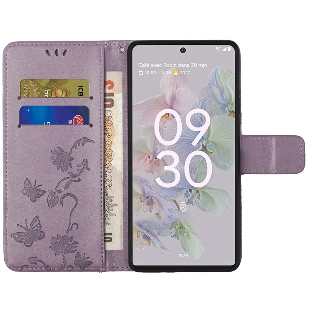 Funda de cuero con mariposas para Google Pixel 6a, violeta