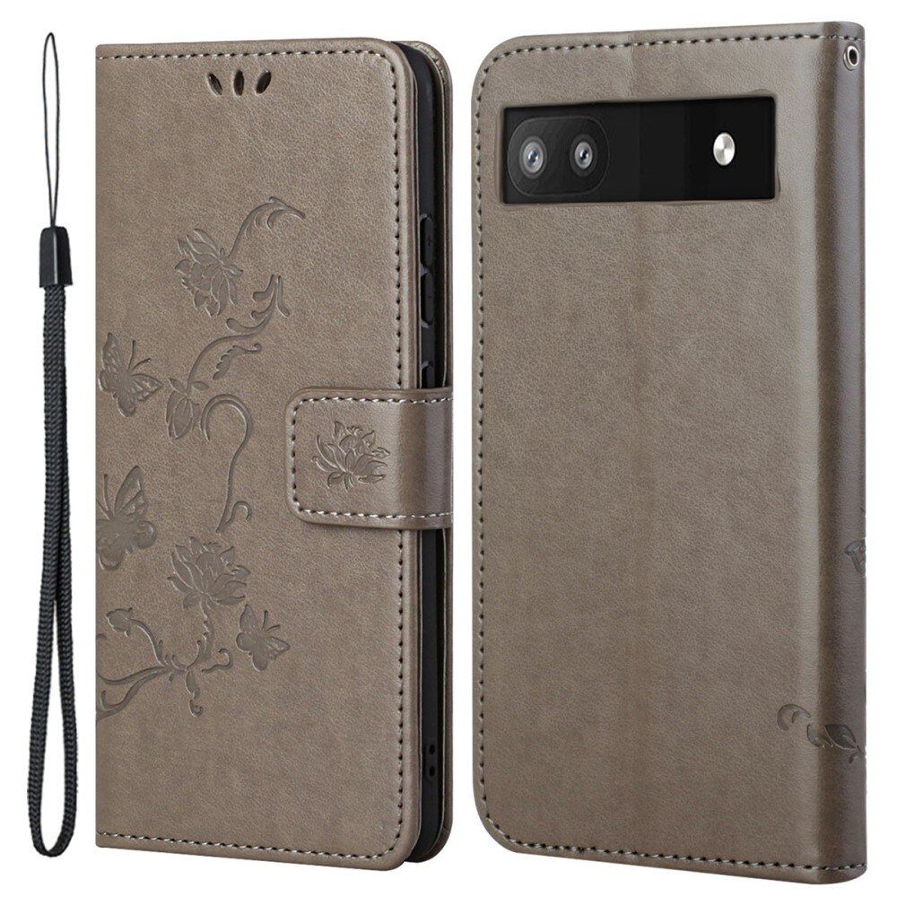 Funda de cuero con mariposas para Google Pixel 6a, gris