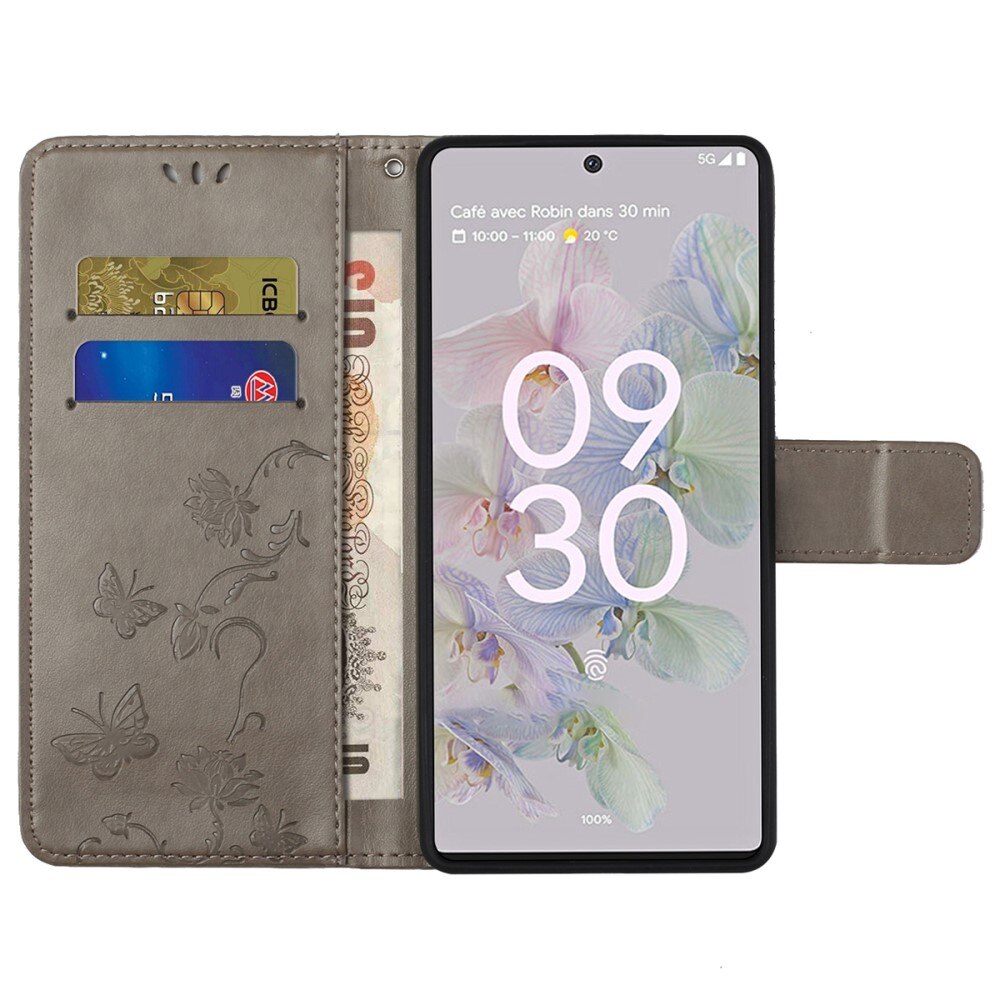 Funda de cuero con mariposas para Google Pixel 6a, gris