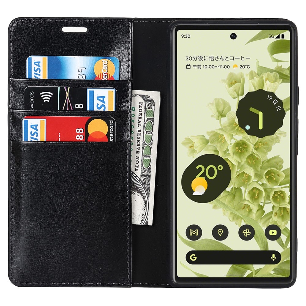 Funda cartera de cuero genuino Google Pixel 6a Negro