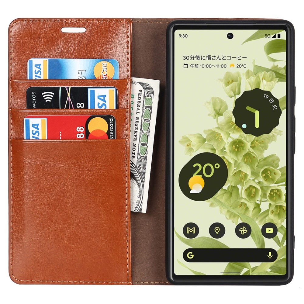 Funda cartera de cuero genuino Google Pixel 6a Marrón