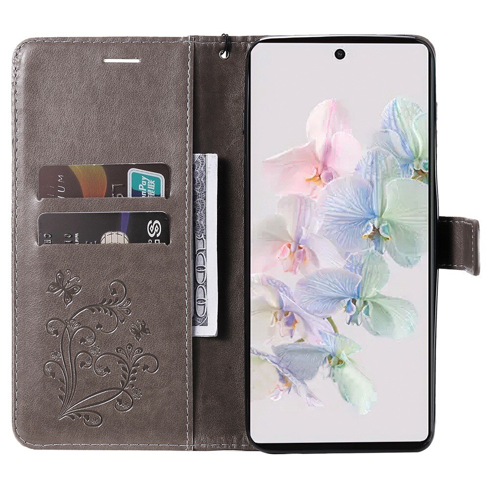 Funda de cuero con mariposas para Google Pixel 7, gris