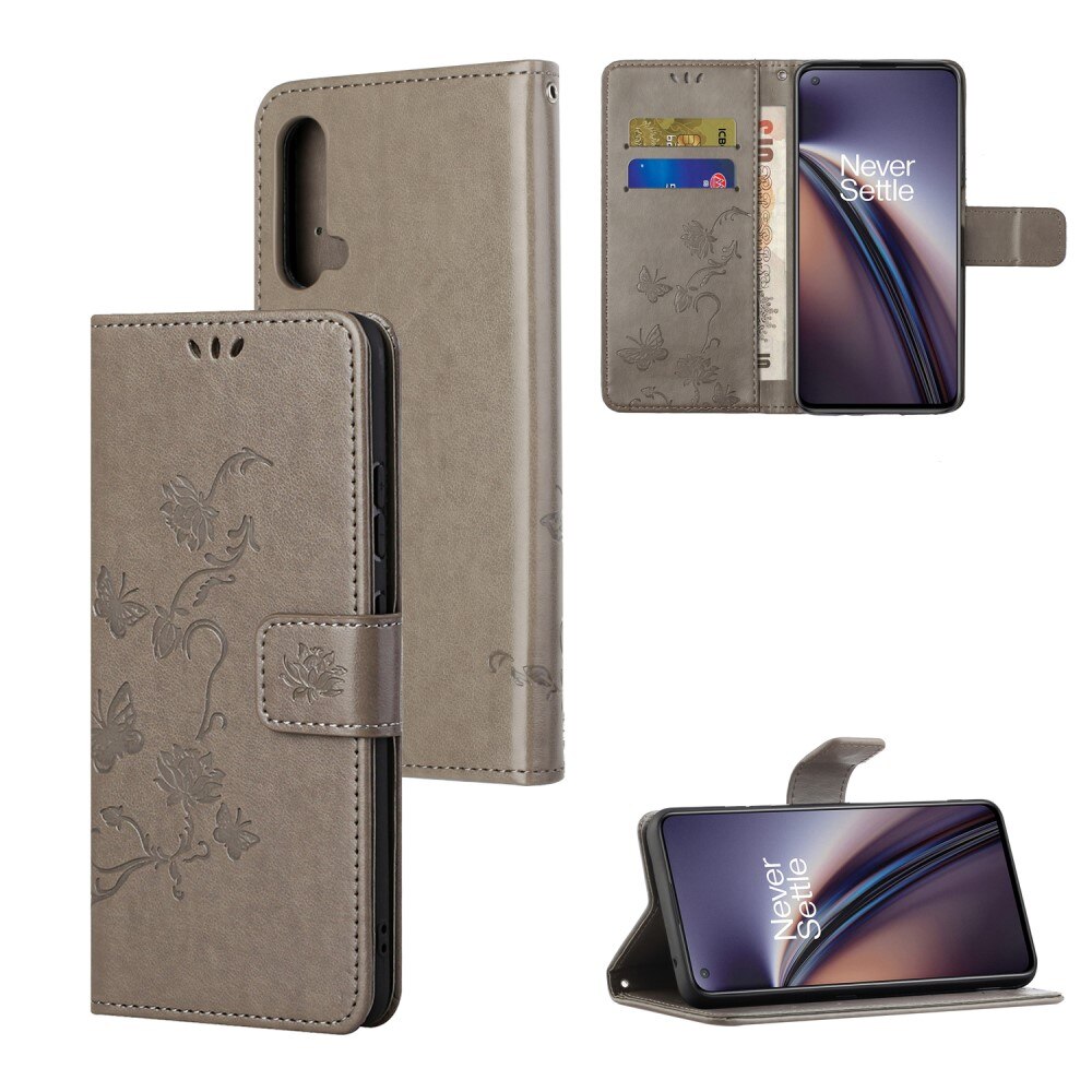 Funda de cuero con mariposas para OnePlus Nord CE 5G, gris