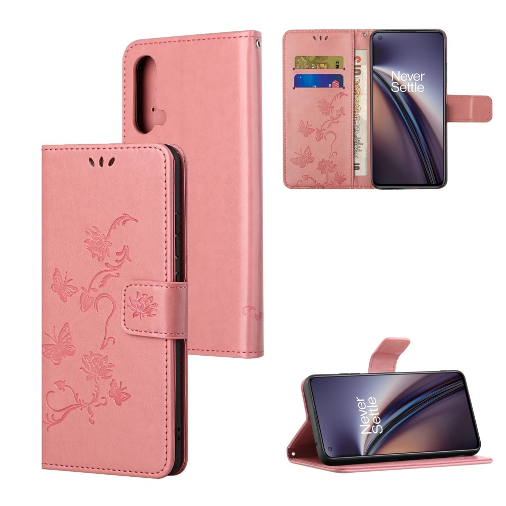 Funda de cuero con mariposas para OnePlus Nord CE 5G, rosado