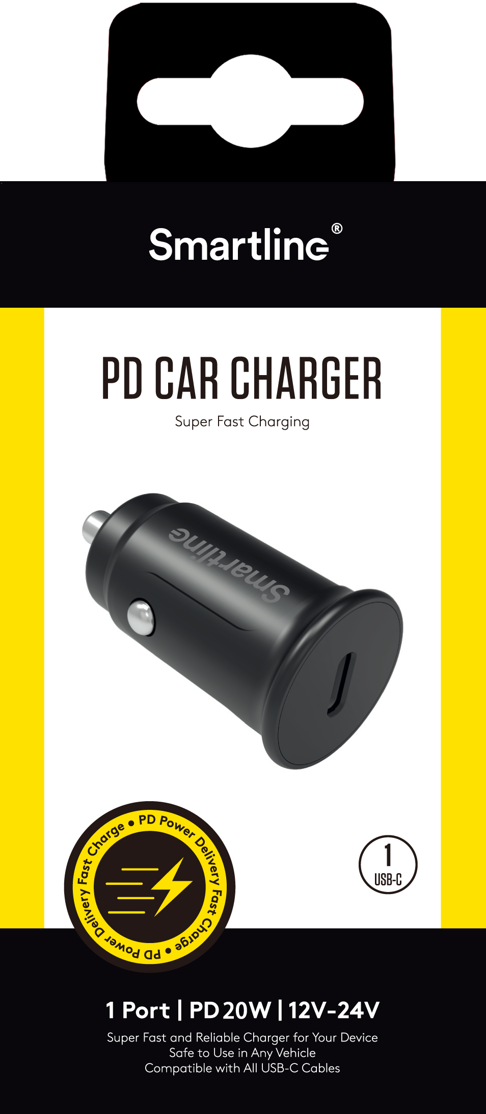 Cargador de coche Power Delivery USB-C 20W 12V-24V Negro