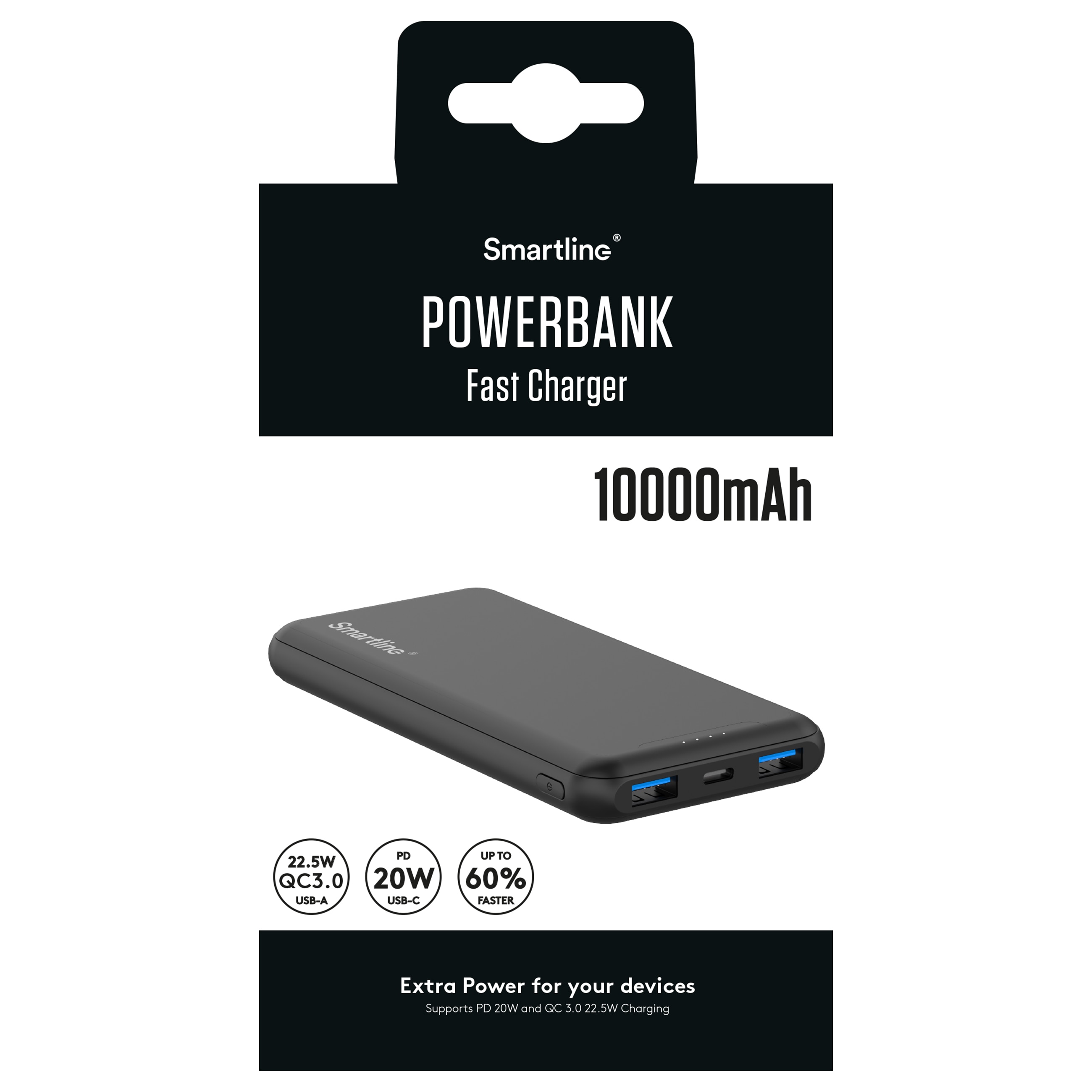 Powerbank 10000 mAh USB-A + USB-C PD negro