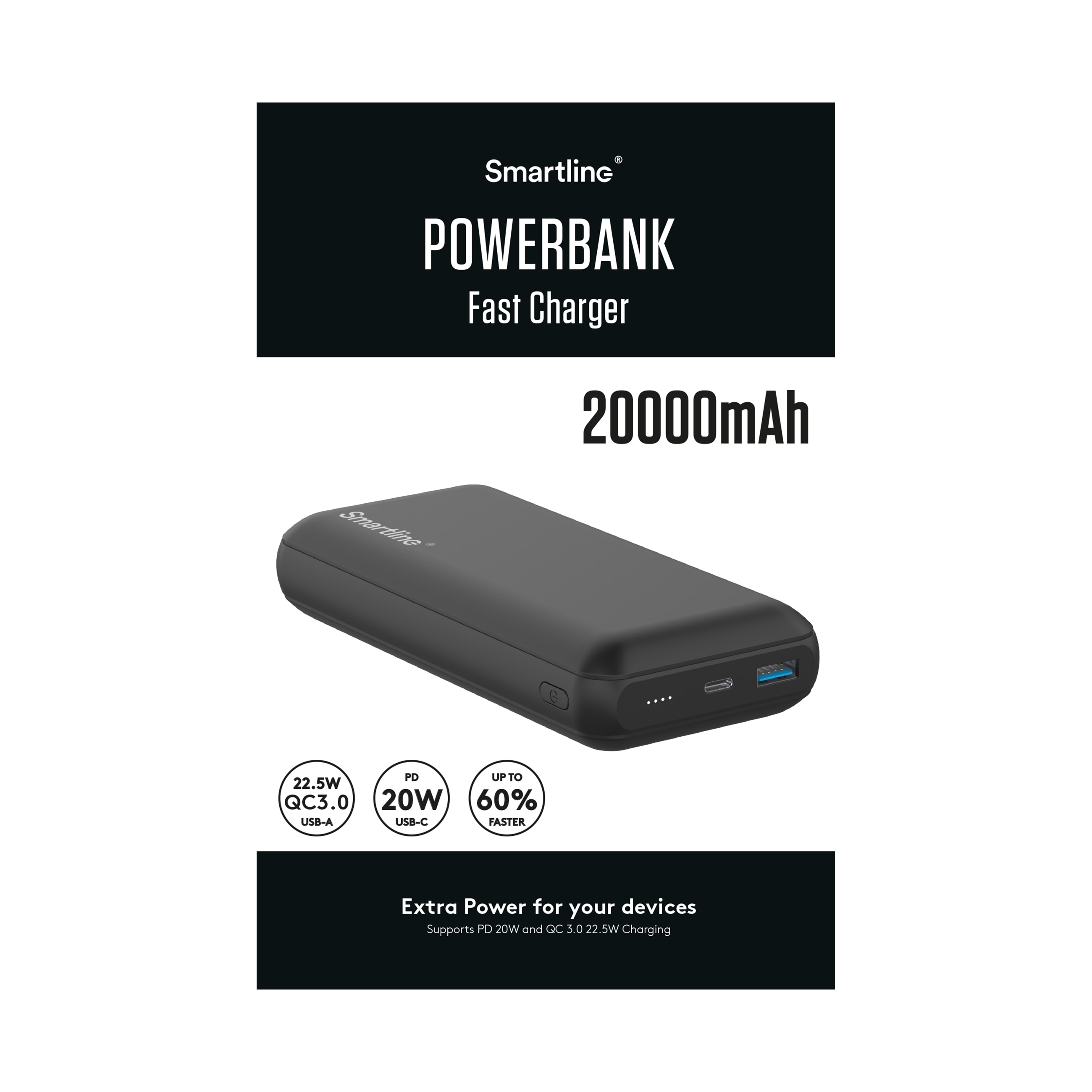Powerbank 20000 mAh USB-A + USB-C PD negro