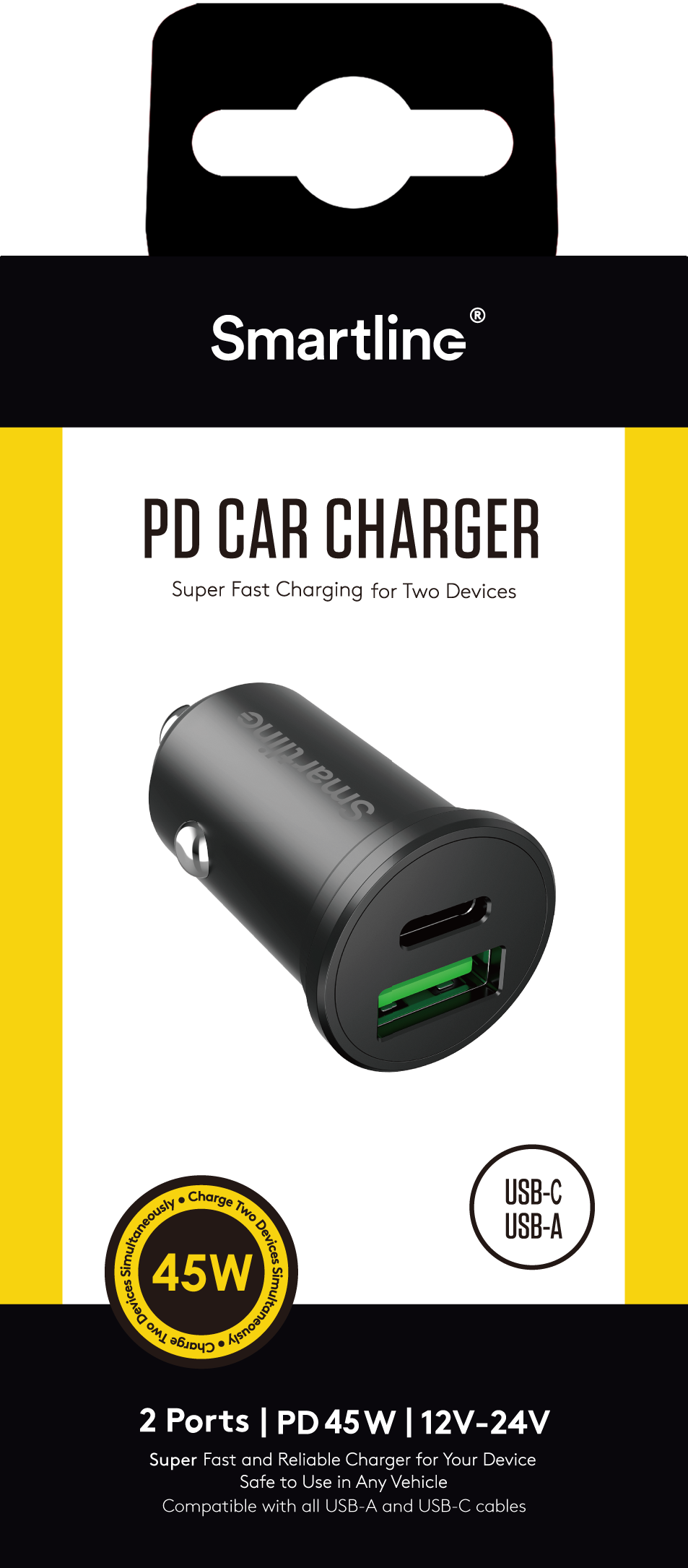 Cargador de coche PD Dual USB-C + USB-A 45W 12V-24V negro