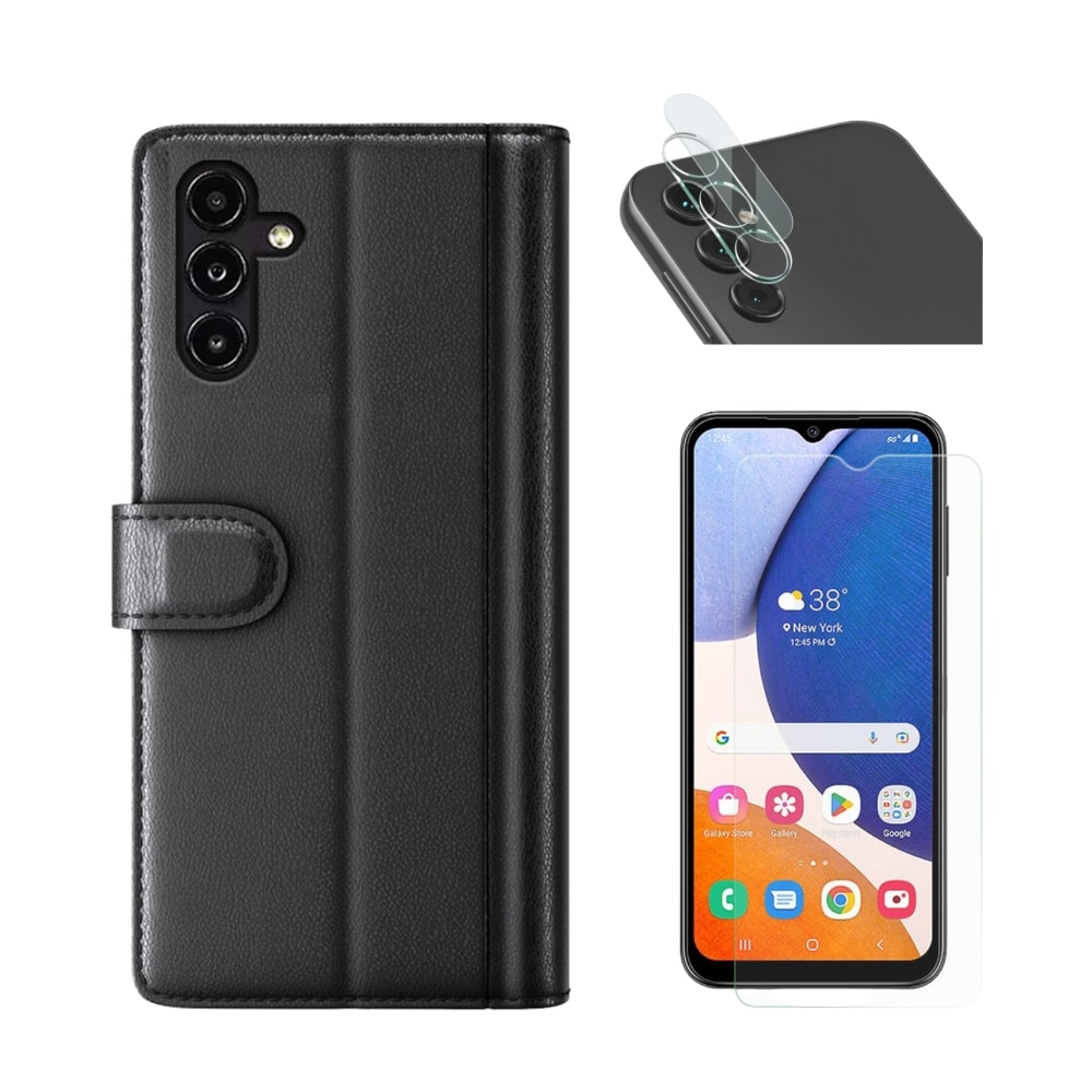 Kit para Samsung Galaxy A14: Funda cartera, protector de pantalla y protector de lente cámara