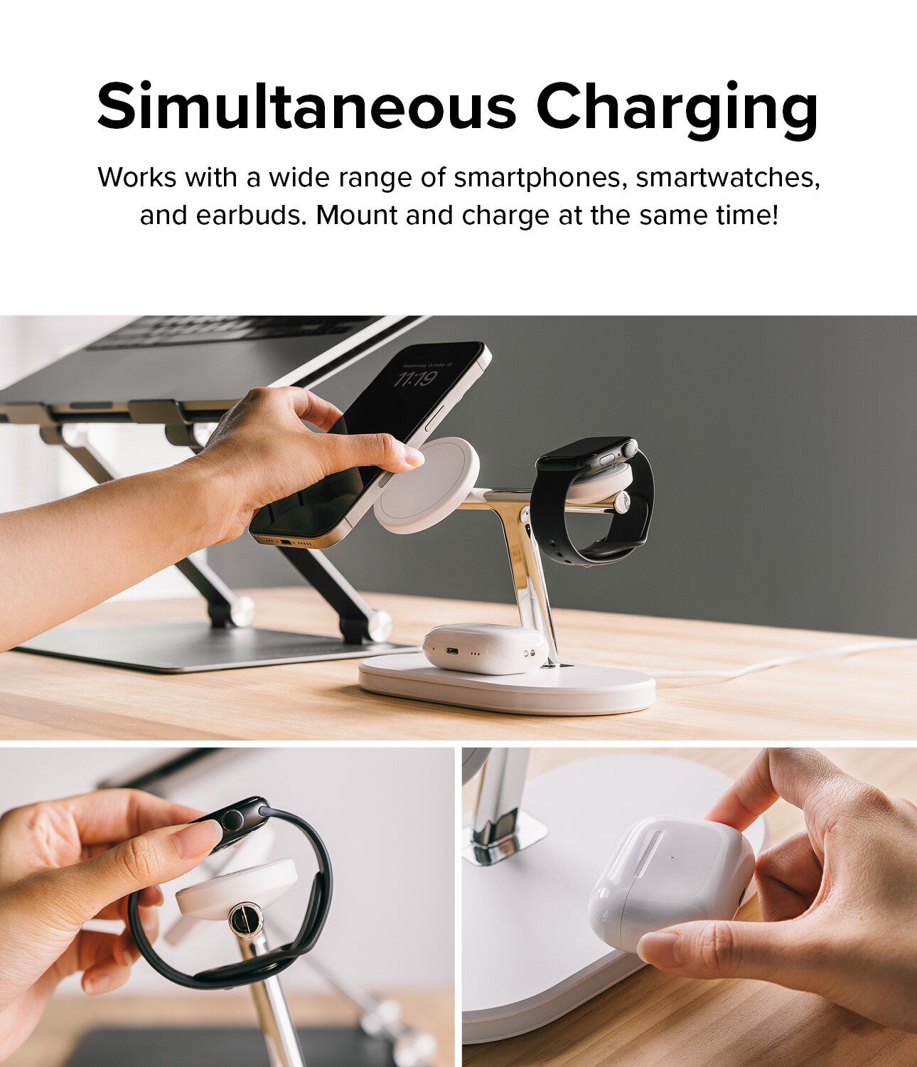 3-in-1 Wireless Charger Stand, blanco