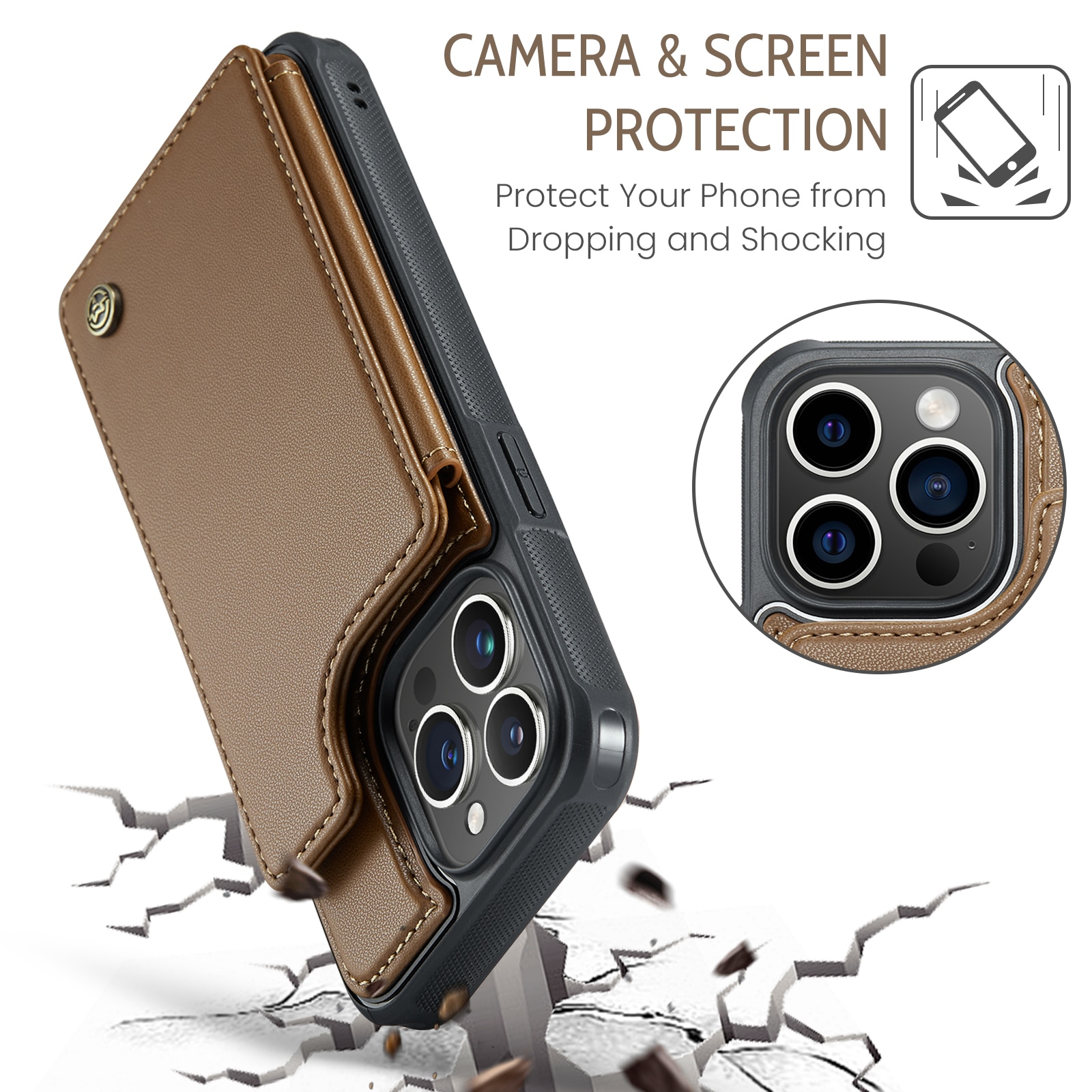 Funda con tarjetero anti-RFID iPhone 15 Pro marrón