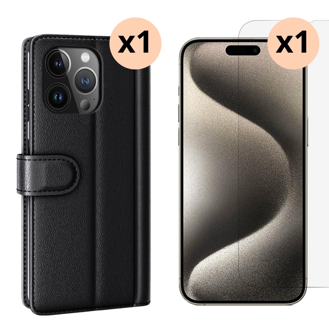 Kit para iPhone 15 Pro : Funda cartera y protector de pantalla