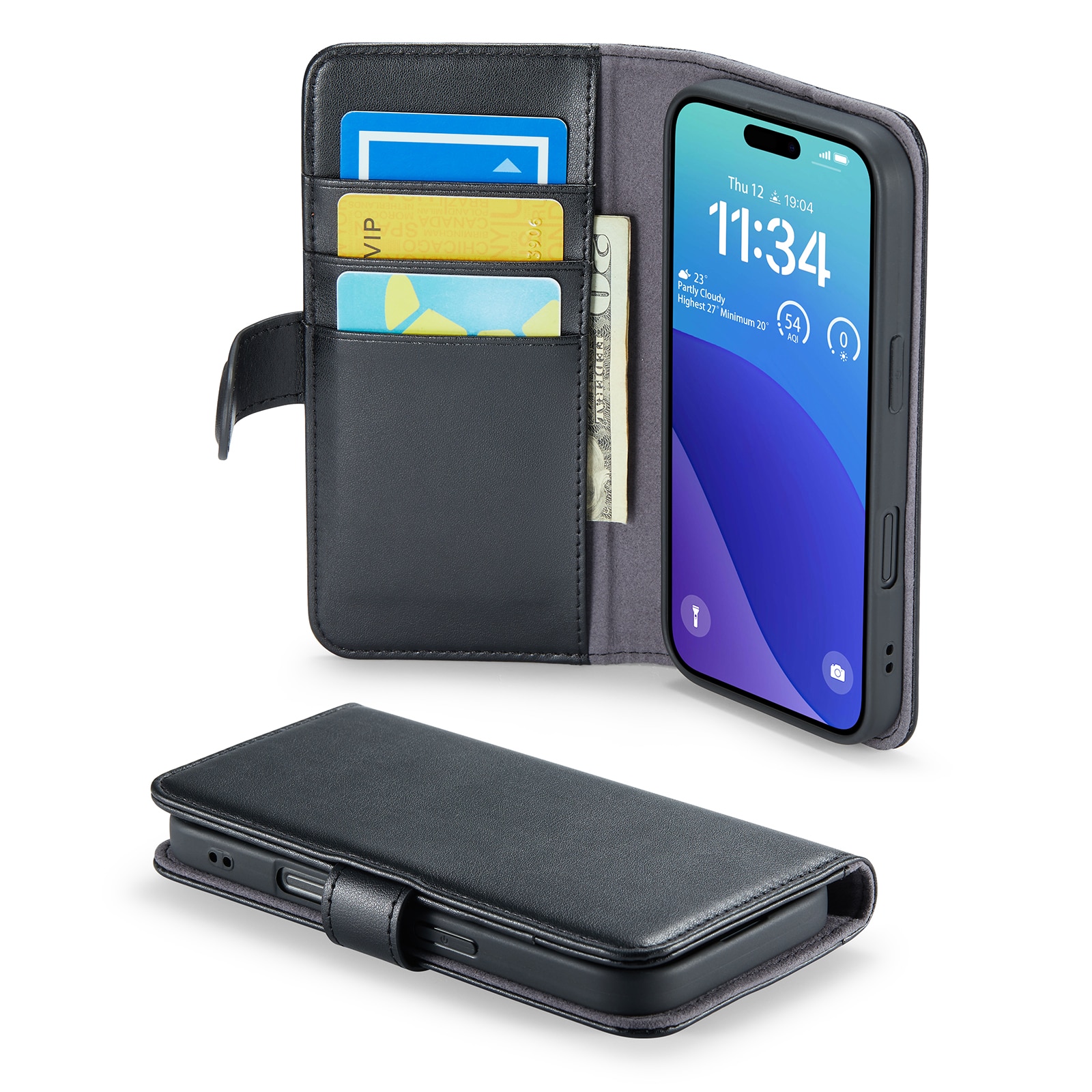 Funda de cuero genuino iPhone 16 Pro Max, Negro