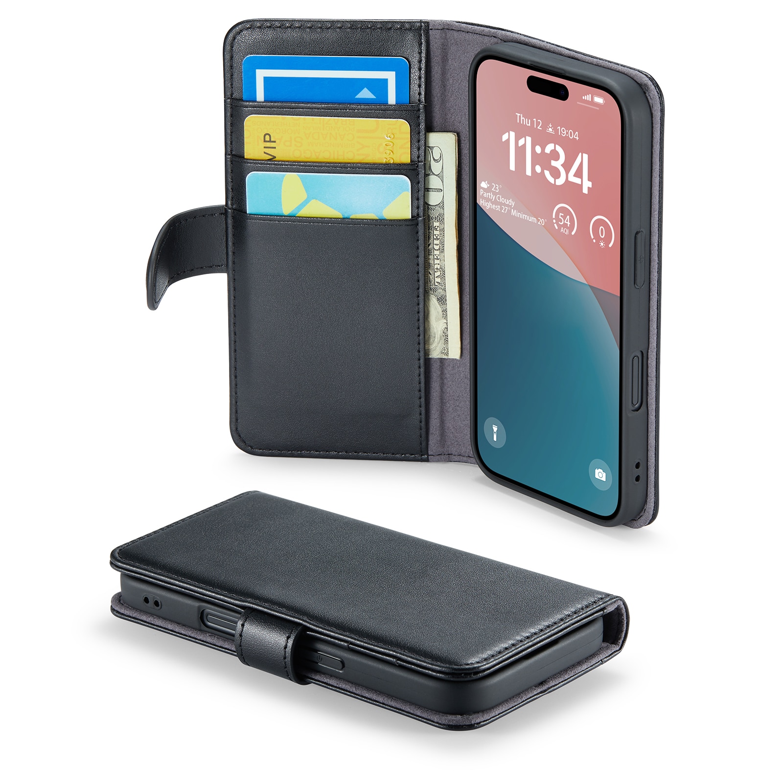 Funda de cuero genuino iPhone 16 Plus, Negro