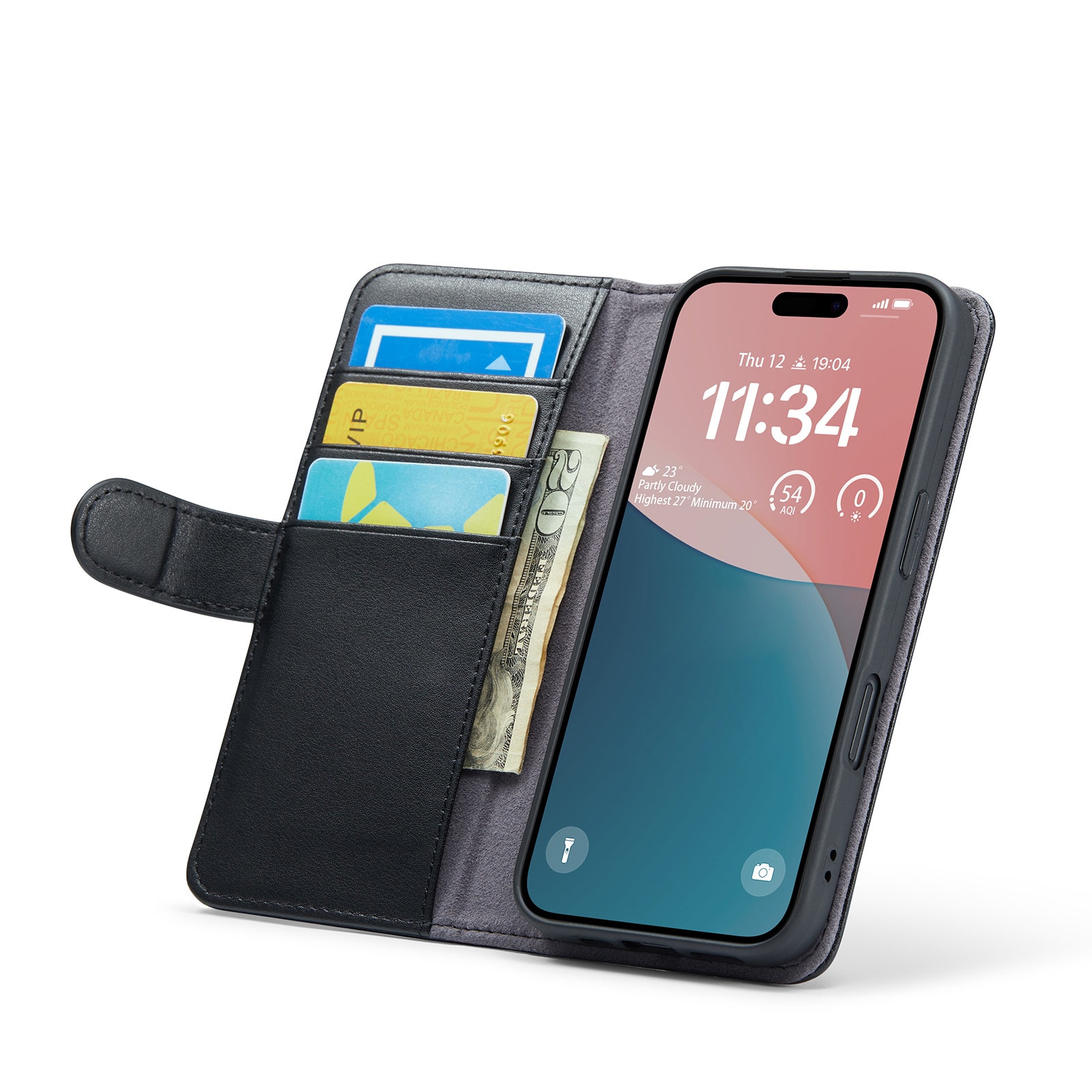 Funda de cuero genuino iPhone 16 Plus, Negro