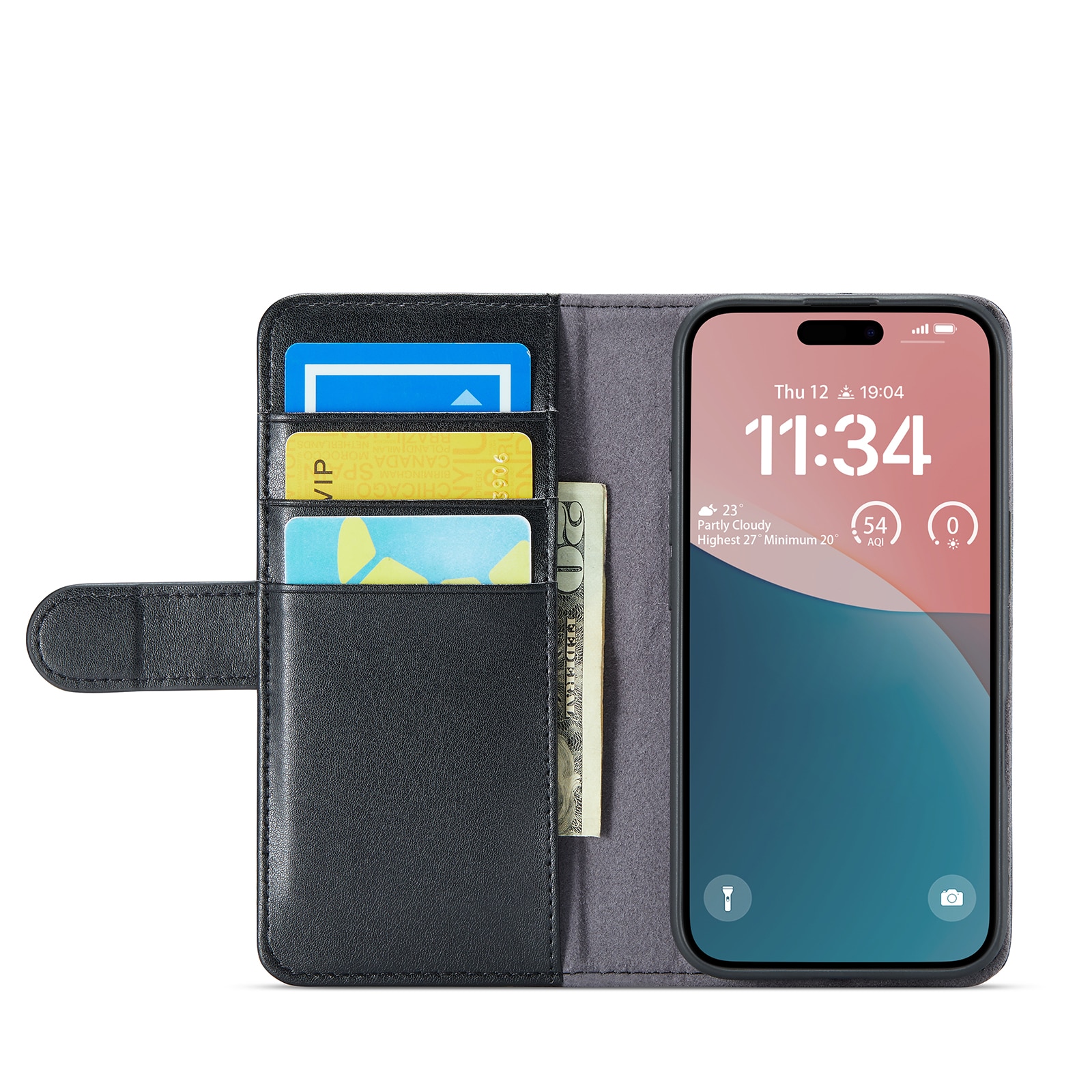 Funda de cuero genuino iPhone 16 Plus, Negro