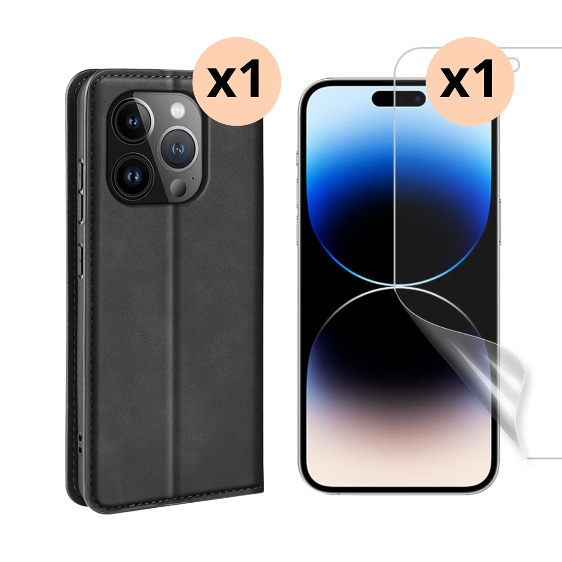Kit para iPhone 15 Pro : Funda cartera Delgada y protector de pantalla