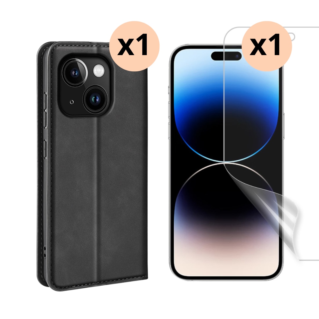 Kit para iPhone 15 : Funda cartera Delgada y protector de pantalla