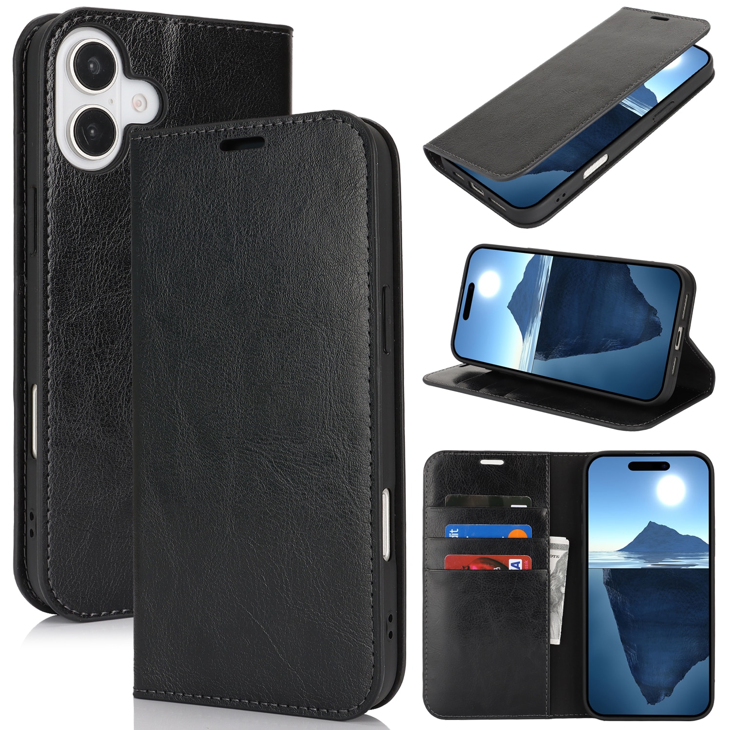 Funda cartera de cuero genuino iPhone 16 Plus Negro