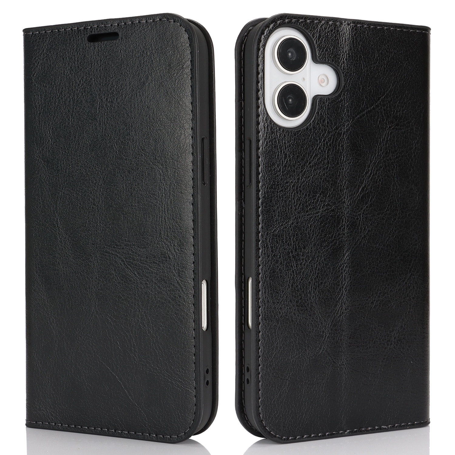 Funda cartera de cuero genuino iPhone 16 Plus Negro