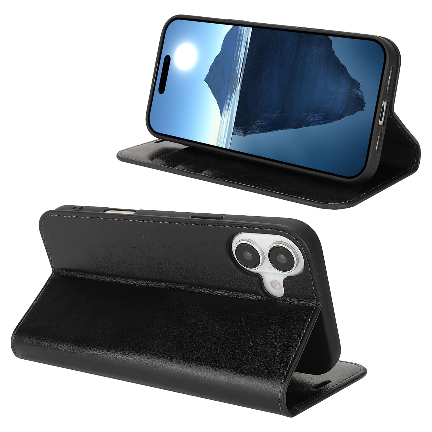 Funda cartera de cuero genuino iPhone 16 Plus Negro