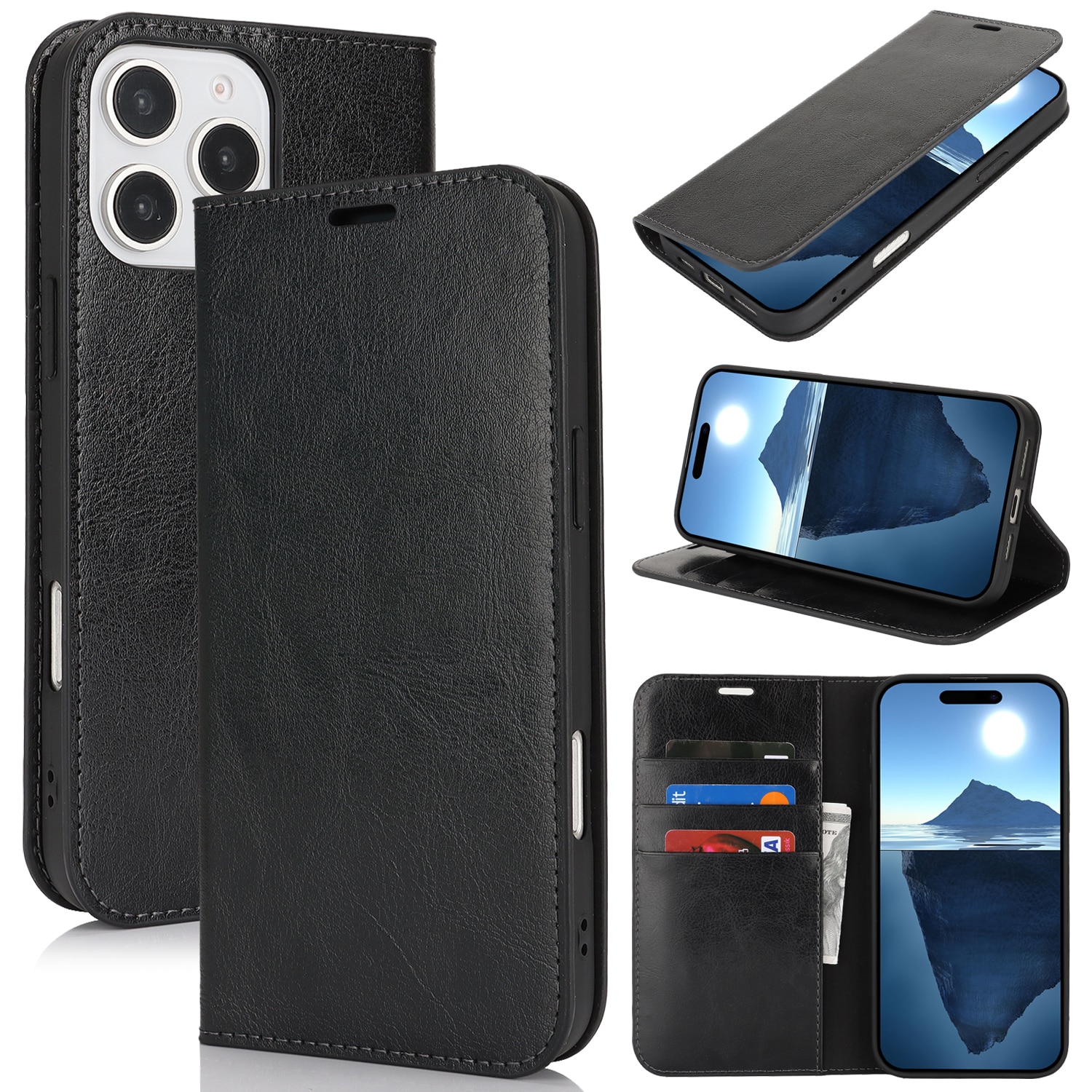 Funda cartera de cuero genuino iPhone 16 Pro Negro