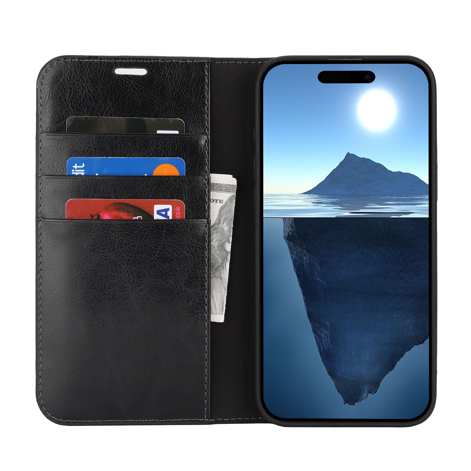 Funda cartera de cuero genuino iPhone 16 Pro Negro