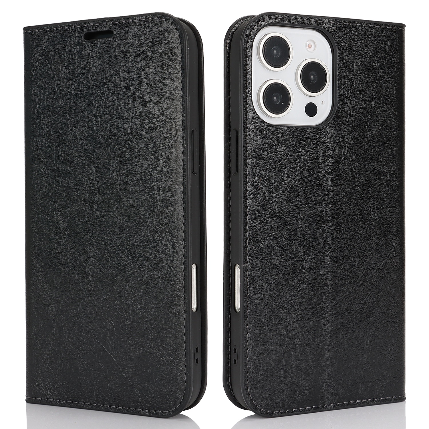 Funda cartera de cuero genuino iPhone 16 Pro Negro