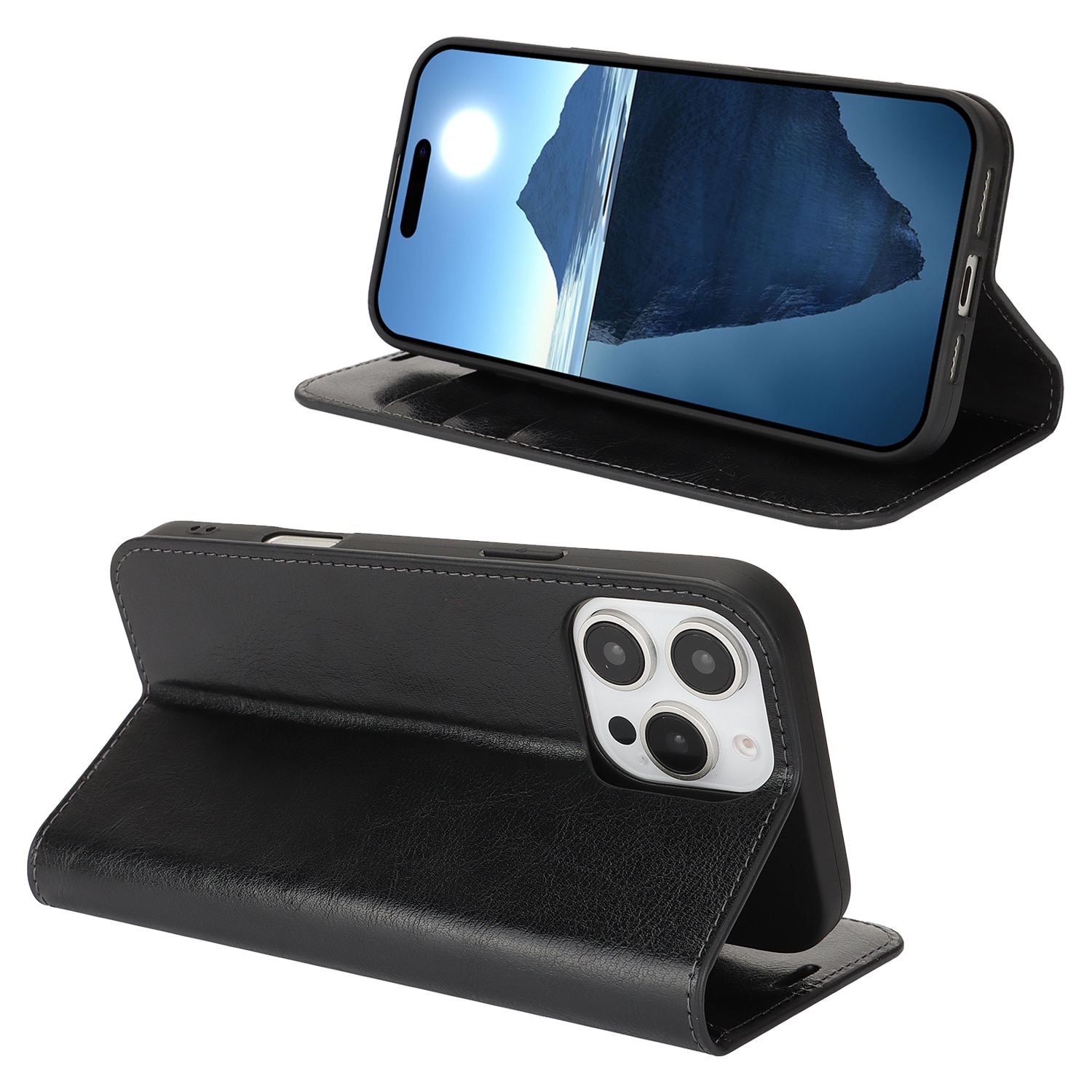 Funda cartera de cuero genuino iPhone 16 Pro Negro