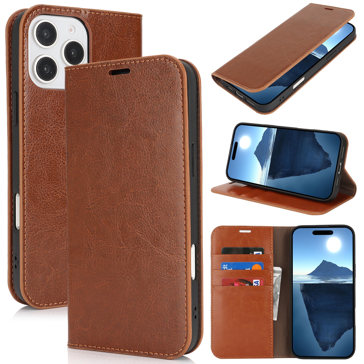 Funda cartera de cuero genuino iPhone 16 Pro Marrón