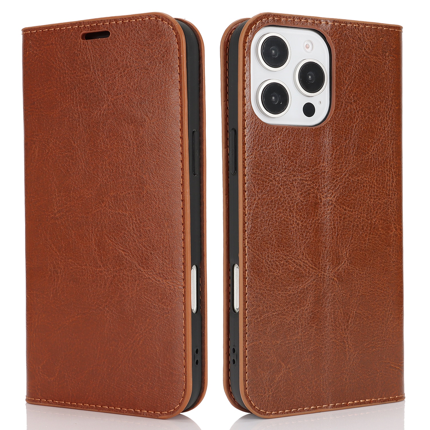 Funda cartera de cuero genuino iPhone 16 Pro Marrón