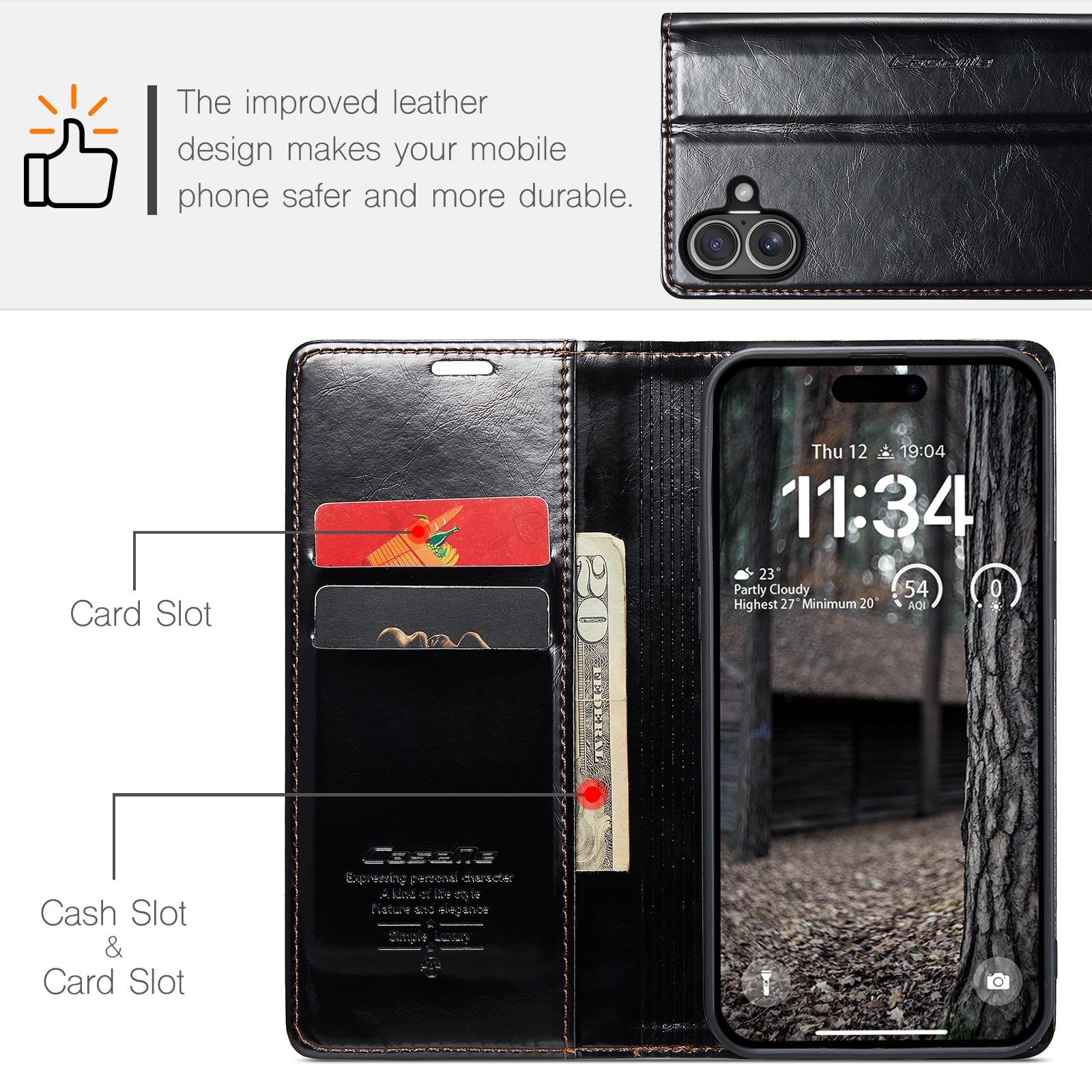 Funda de cuero iPhone 16, negro