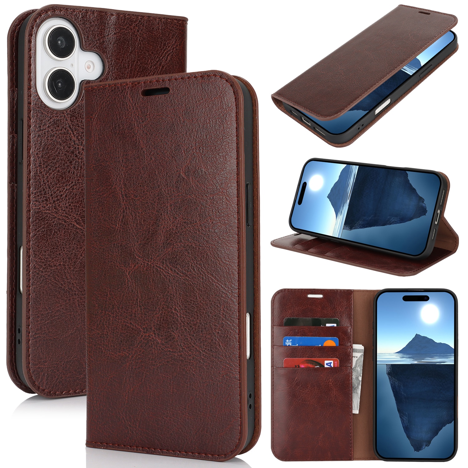 Funda cartera de cuero genuino iPhone 16 Marrón oscuro