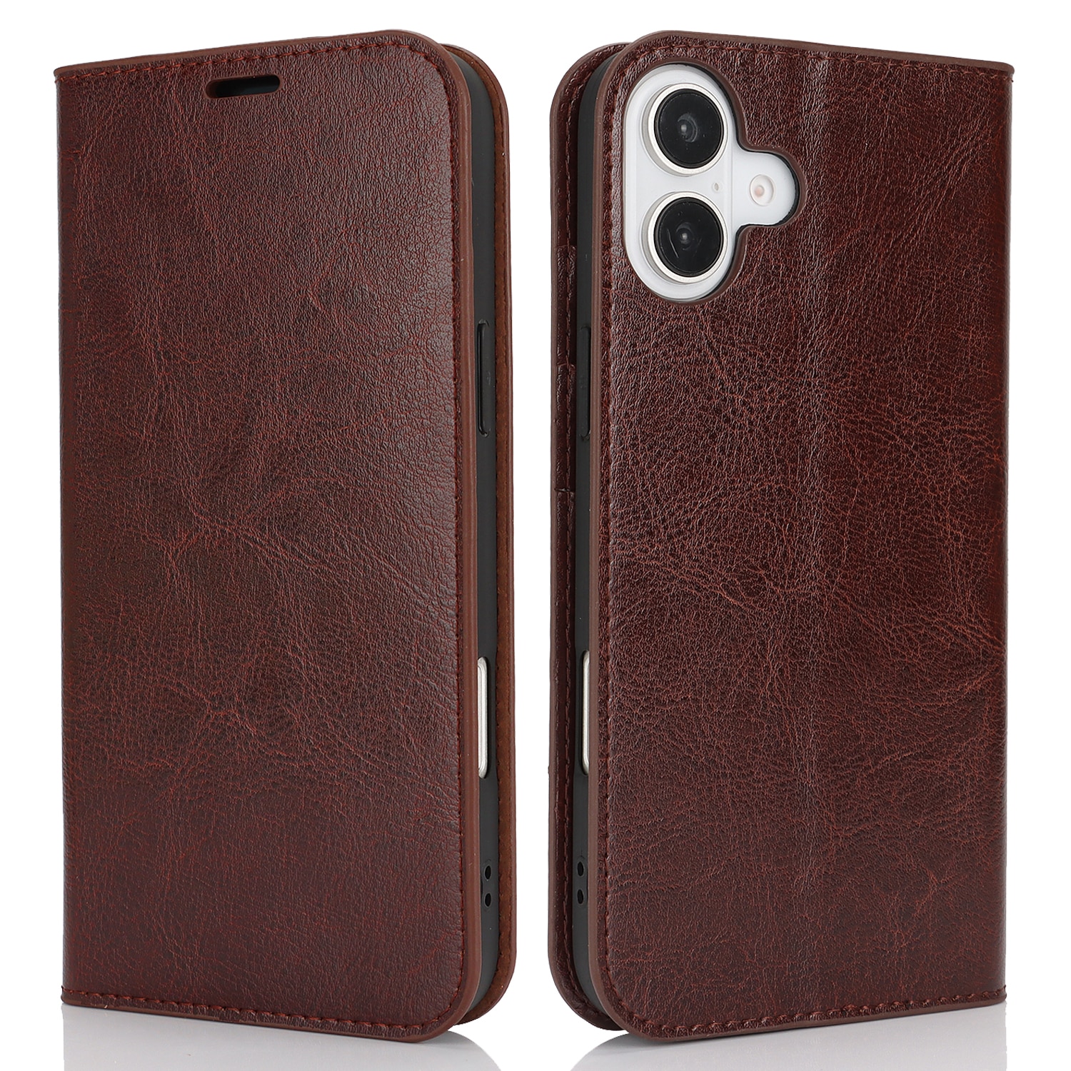 Funda cartera de cuero genuino iPhone 16 Marrón oscuro