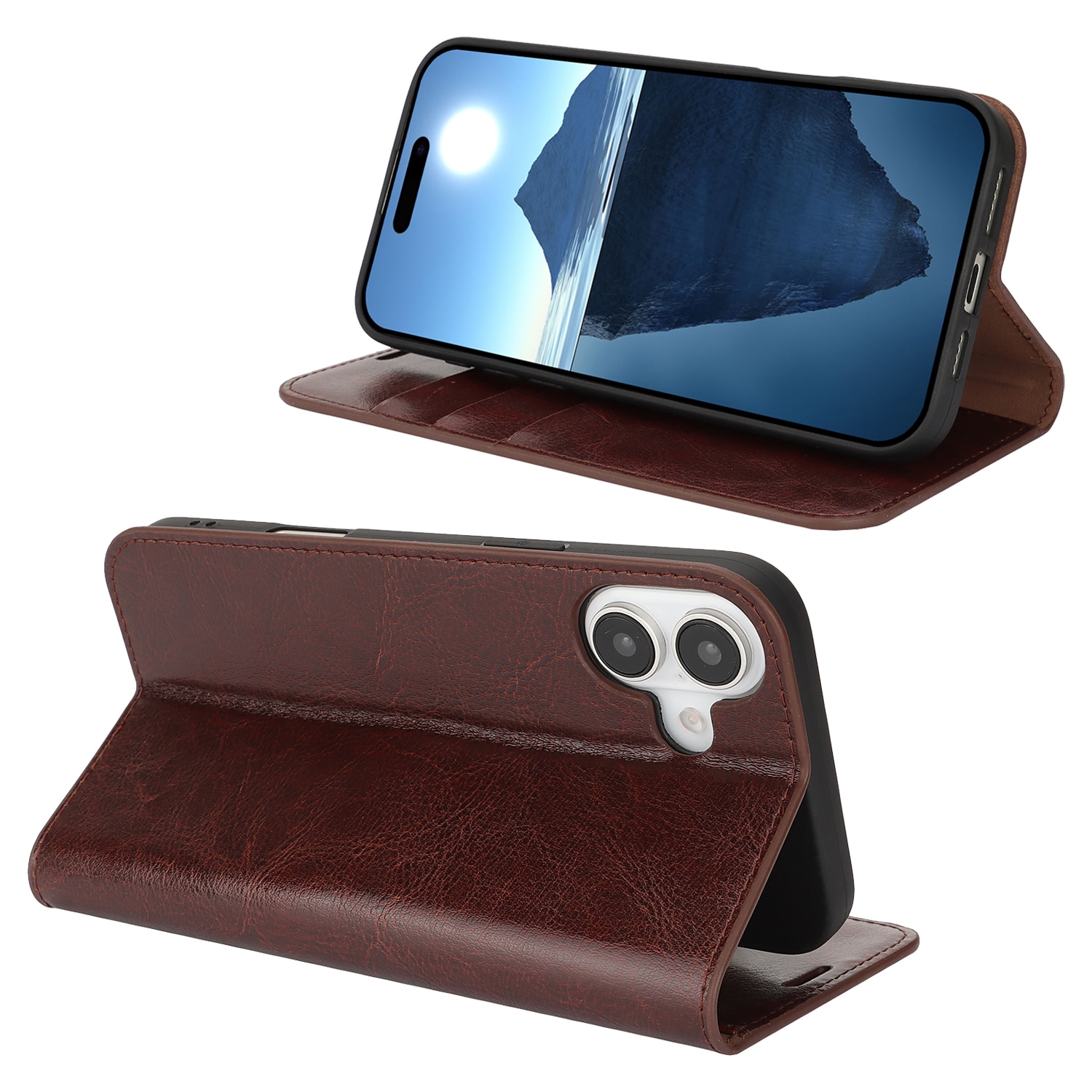 Funda cartera de cuero genuino iPhone 16 Marrón oscuro