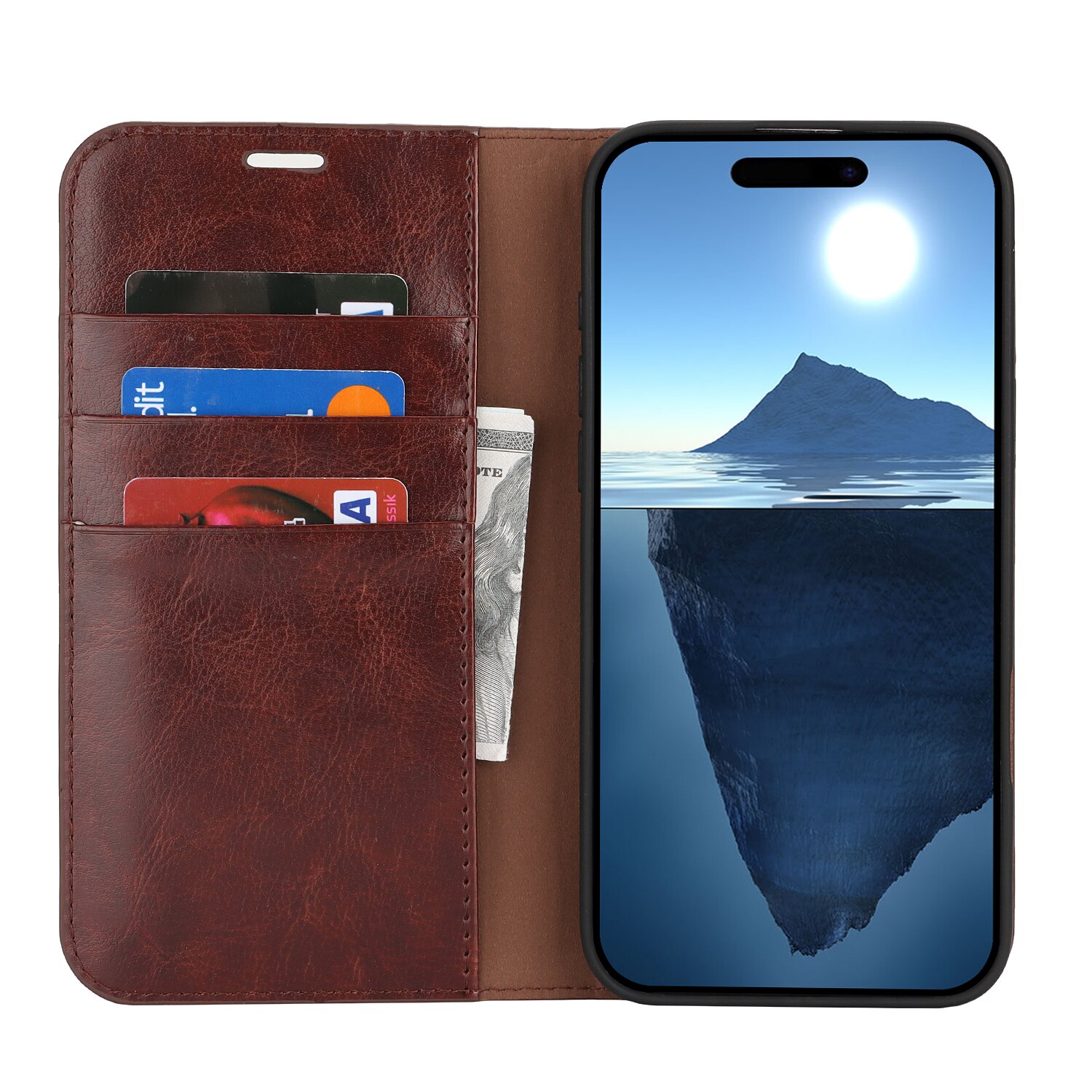 Funda cartera de cuero genuino iPhone 16 Marrón oscuro