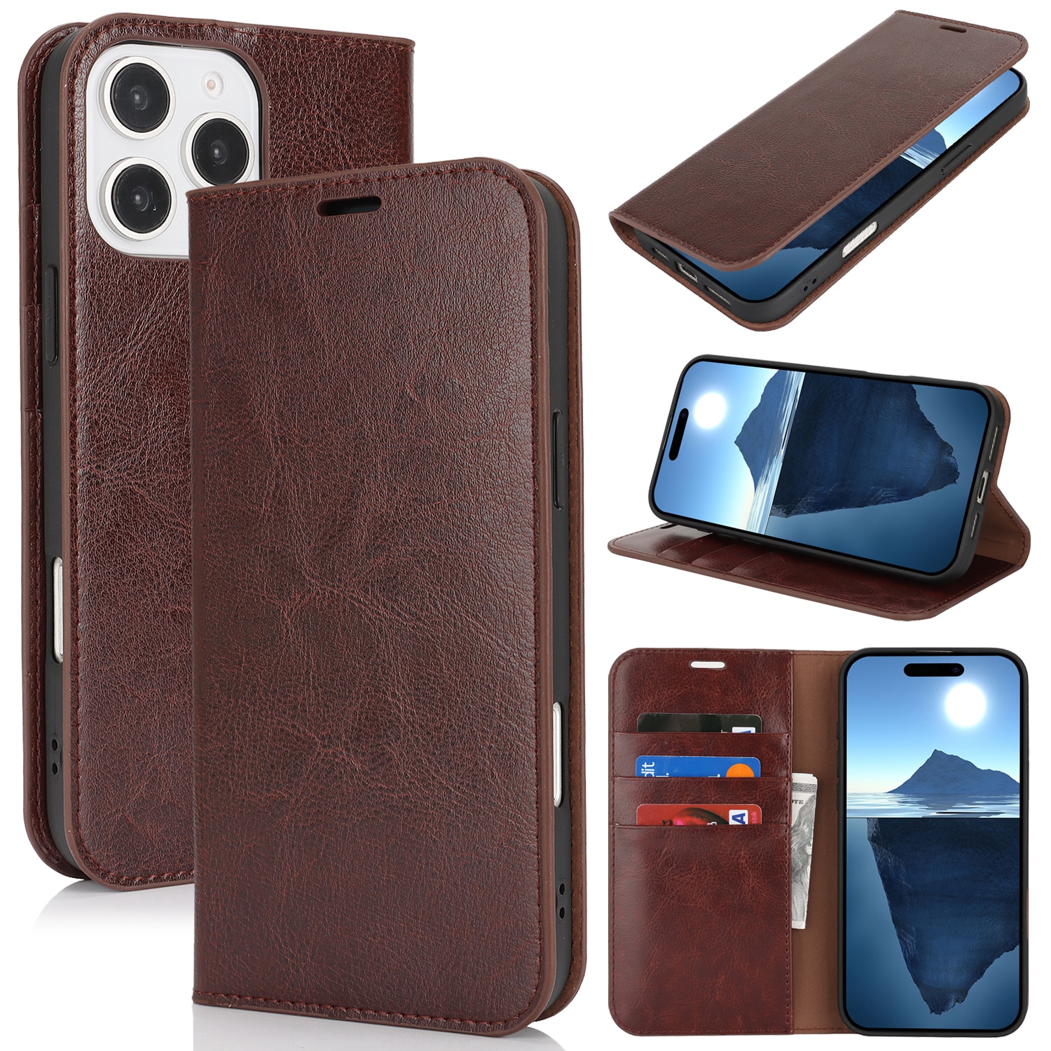Funda cartera de cuero genuino iPhone 16 Pro Marrón oscuro