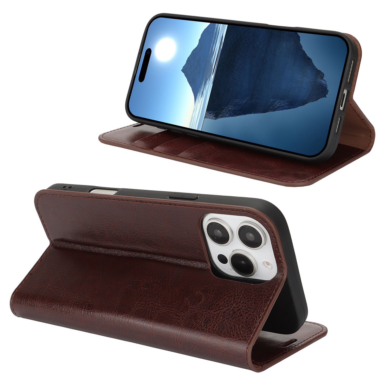 Funda cartera de cuero genuino iPhone 16 Pro Marrón oscuro