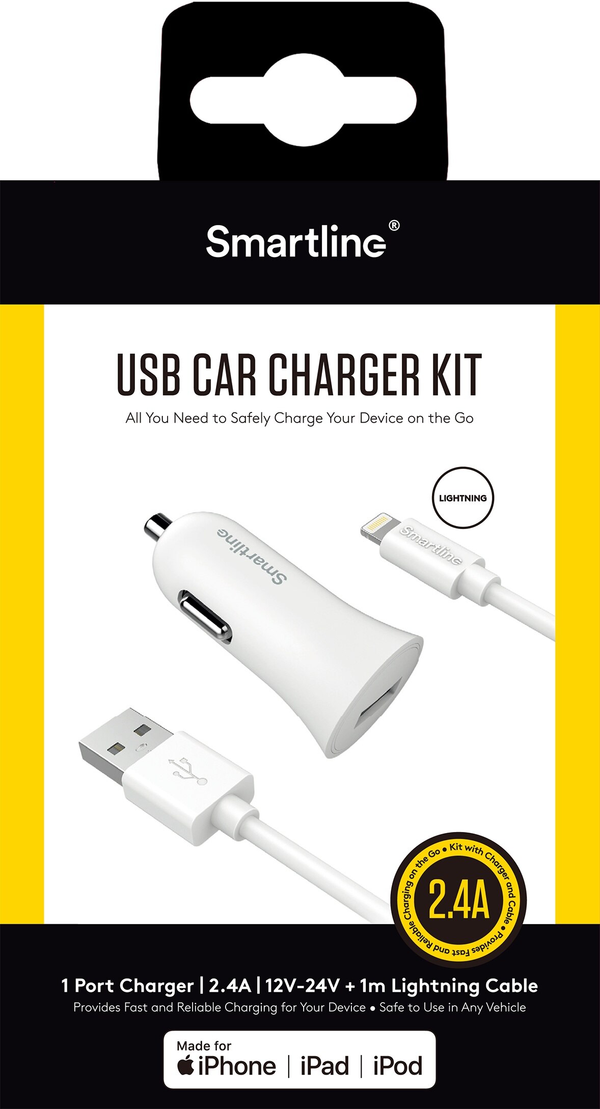 Cargador de coche y cable USB-A a USB-C 1 metro Blanco