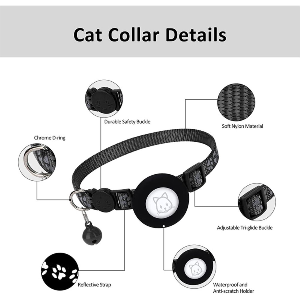 Collar para gatos Apple AirTag con huella de pata reflectante, negro