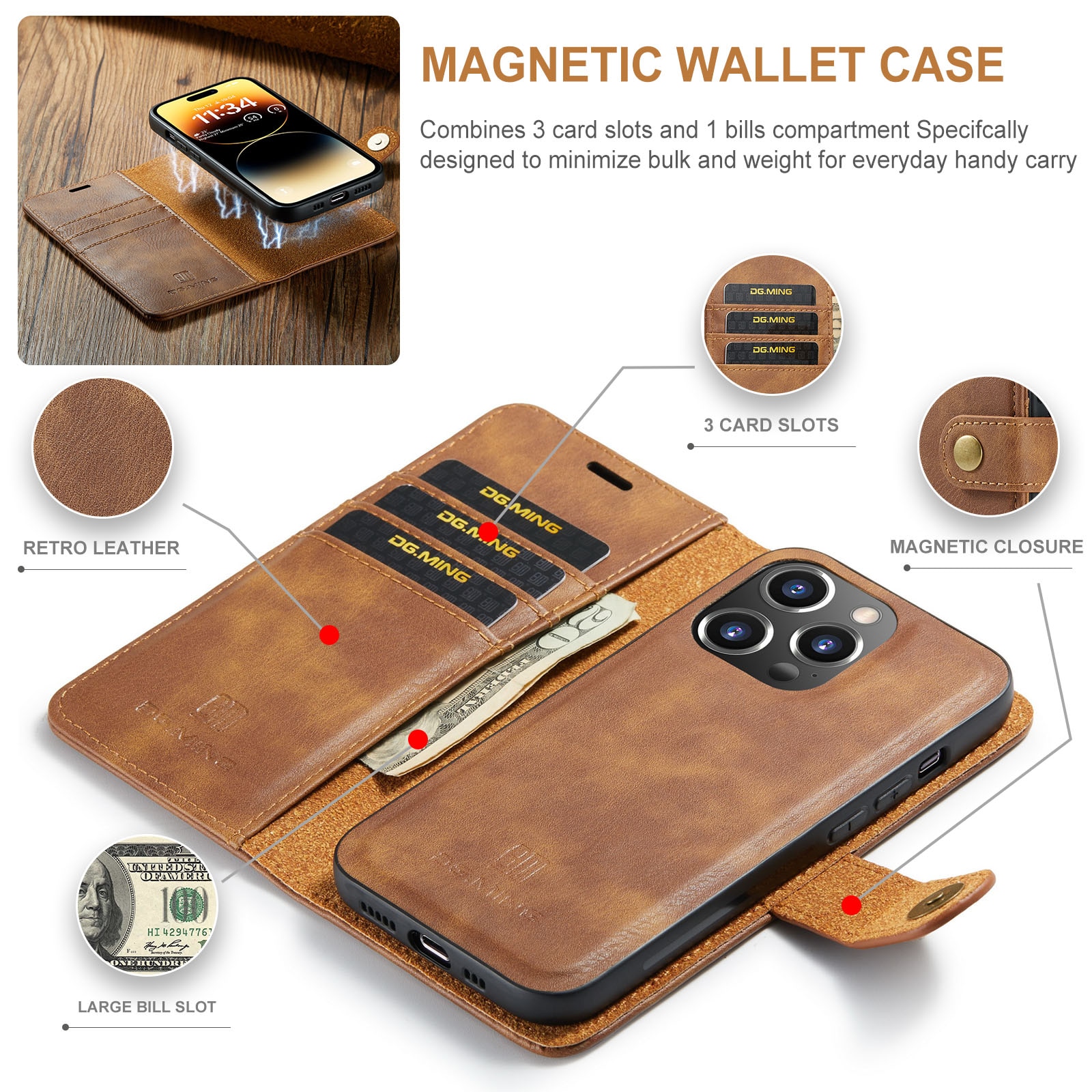 Cartera Magnet Wallet iPhone 14 Pro Max Coñac
