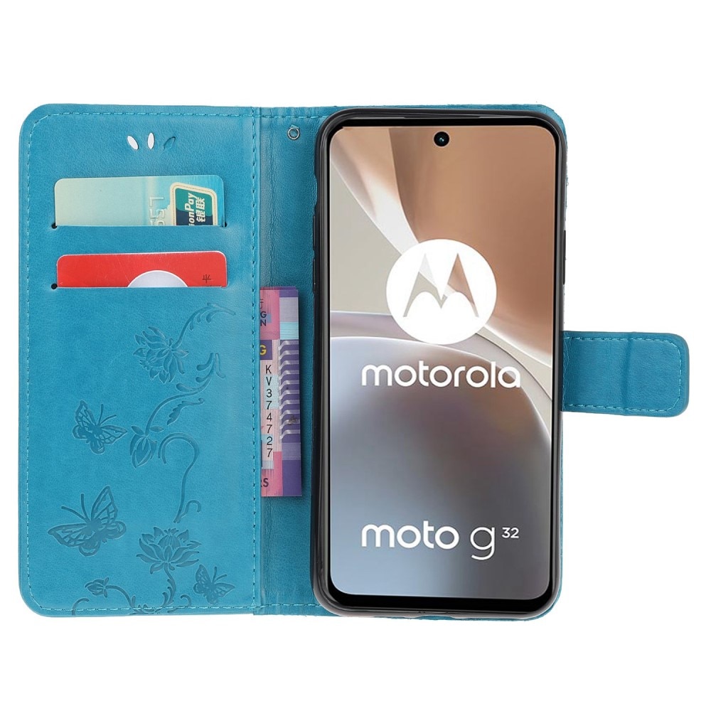 Funda de cuero con mariposas para Motorola Moto G32, azul