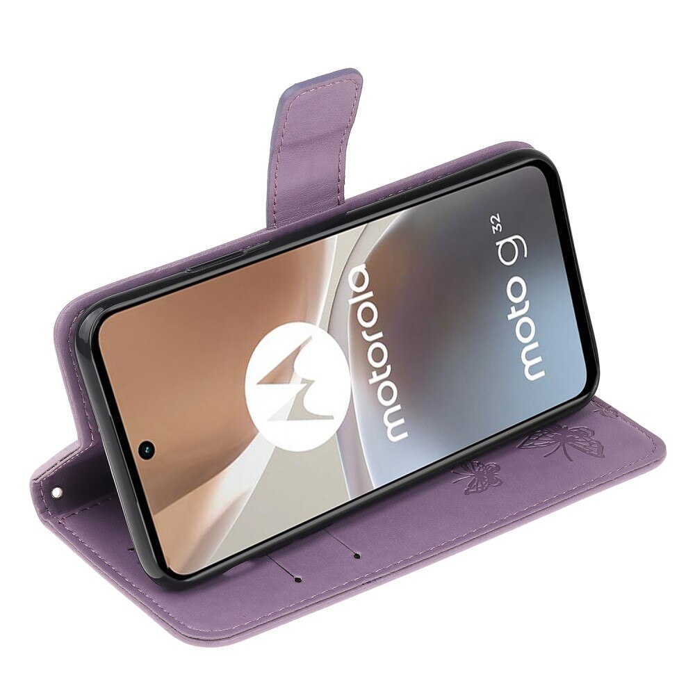 Funda de cuero con mariposas para Motorola Moto G32, violeta