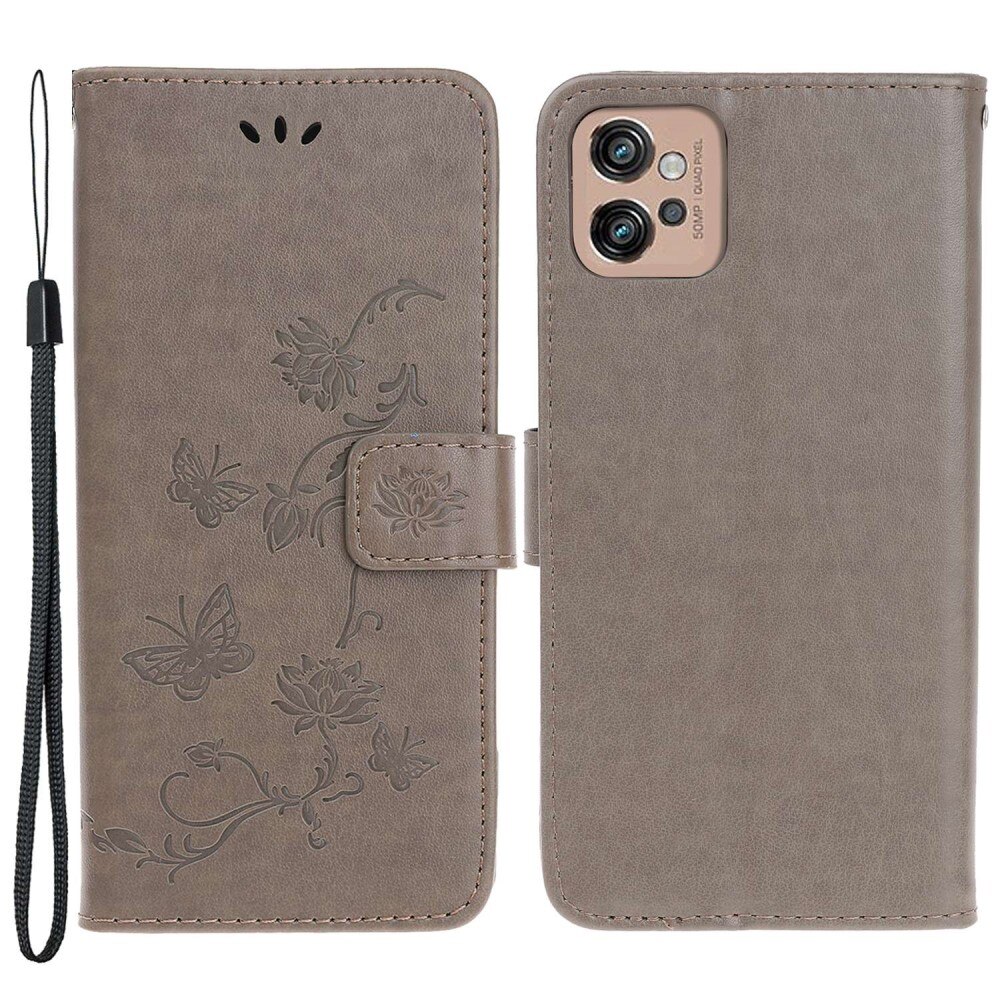 Funda de cuero con mariposas para Motorola Moto G32, gris