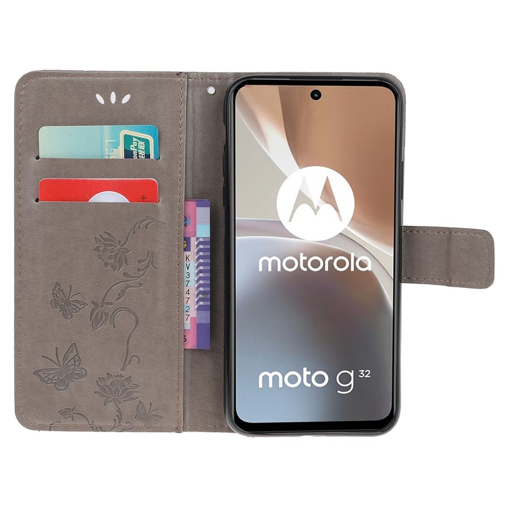 Funda de cuero con mariposas para Motorola Moto G32, gris