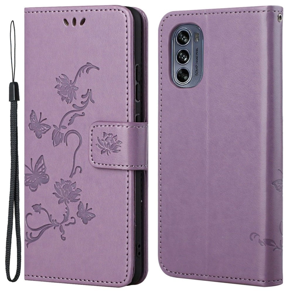 Funda de cuero con mariposas para Motorola Moto G62, violeta