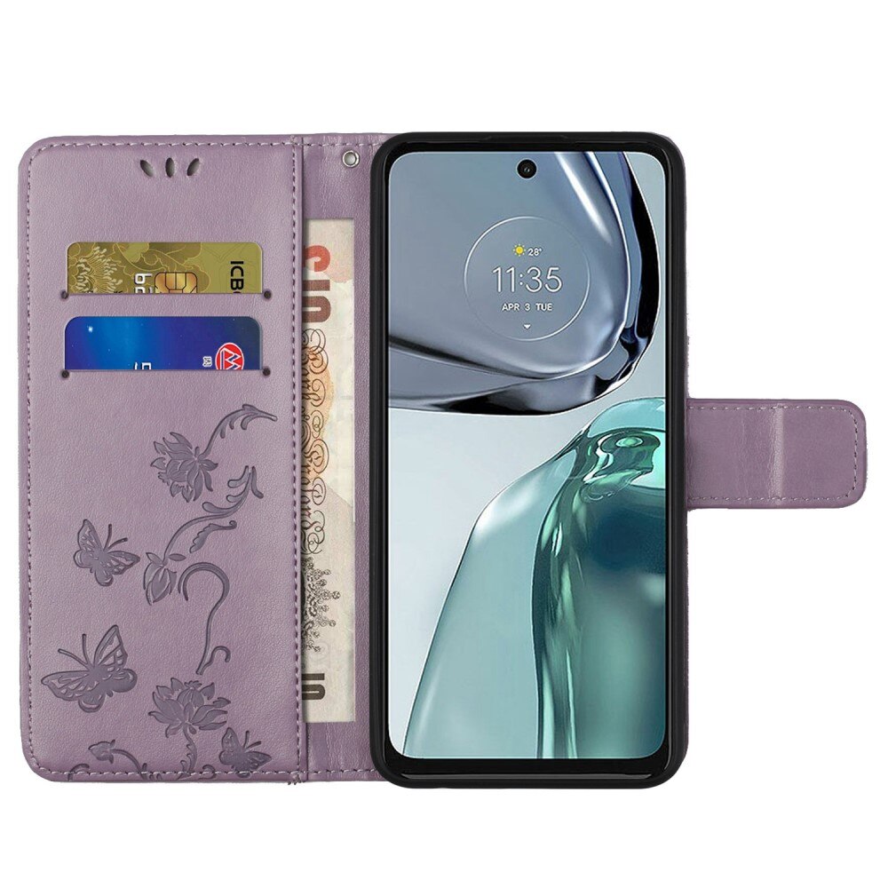 Funda de Cuero con Mariposas Motorola Moto G62, Púrpura