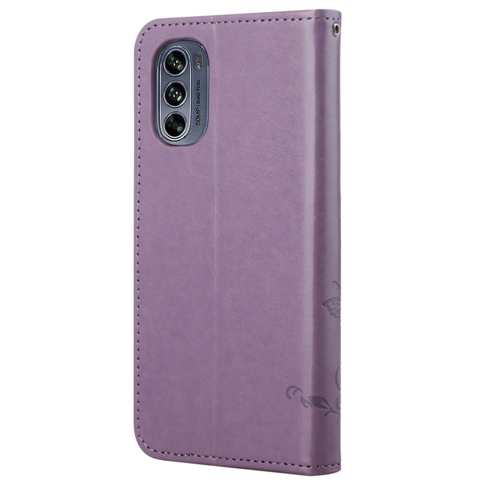 Funda de Cuero con Mariposas Motorola Moto G62, Púrpura