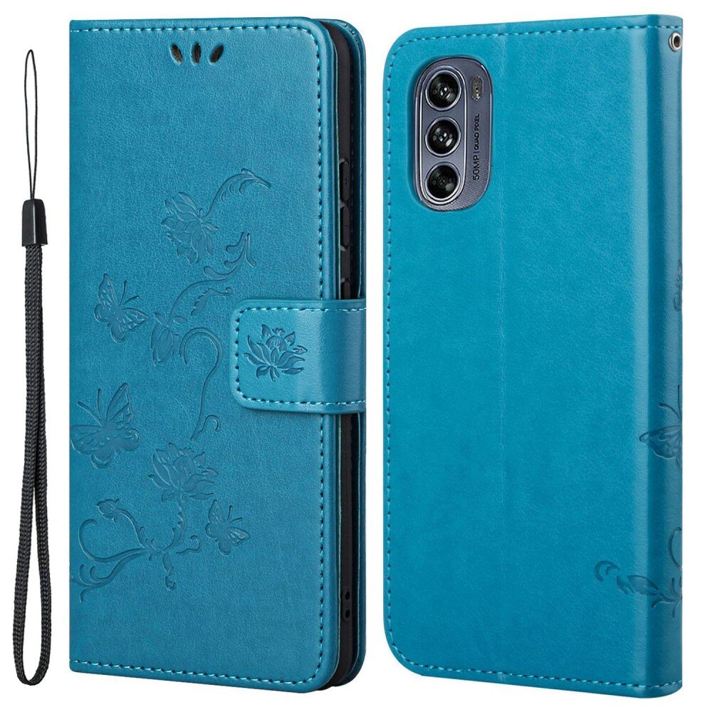 Funda de cuero con mariposas para Motorola Moto G62, azul