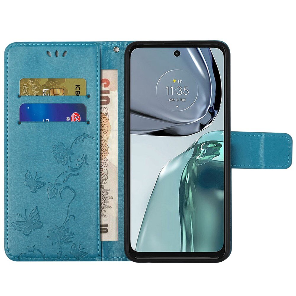 Funda de Cuero con Mariposas Motorola Moto G62, Azul